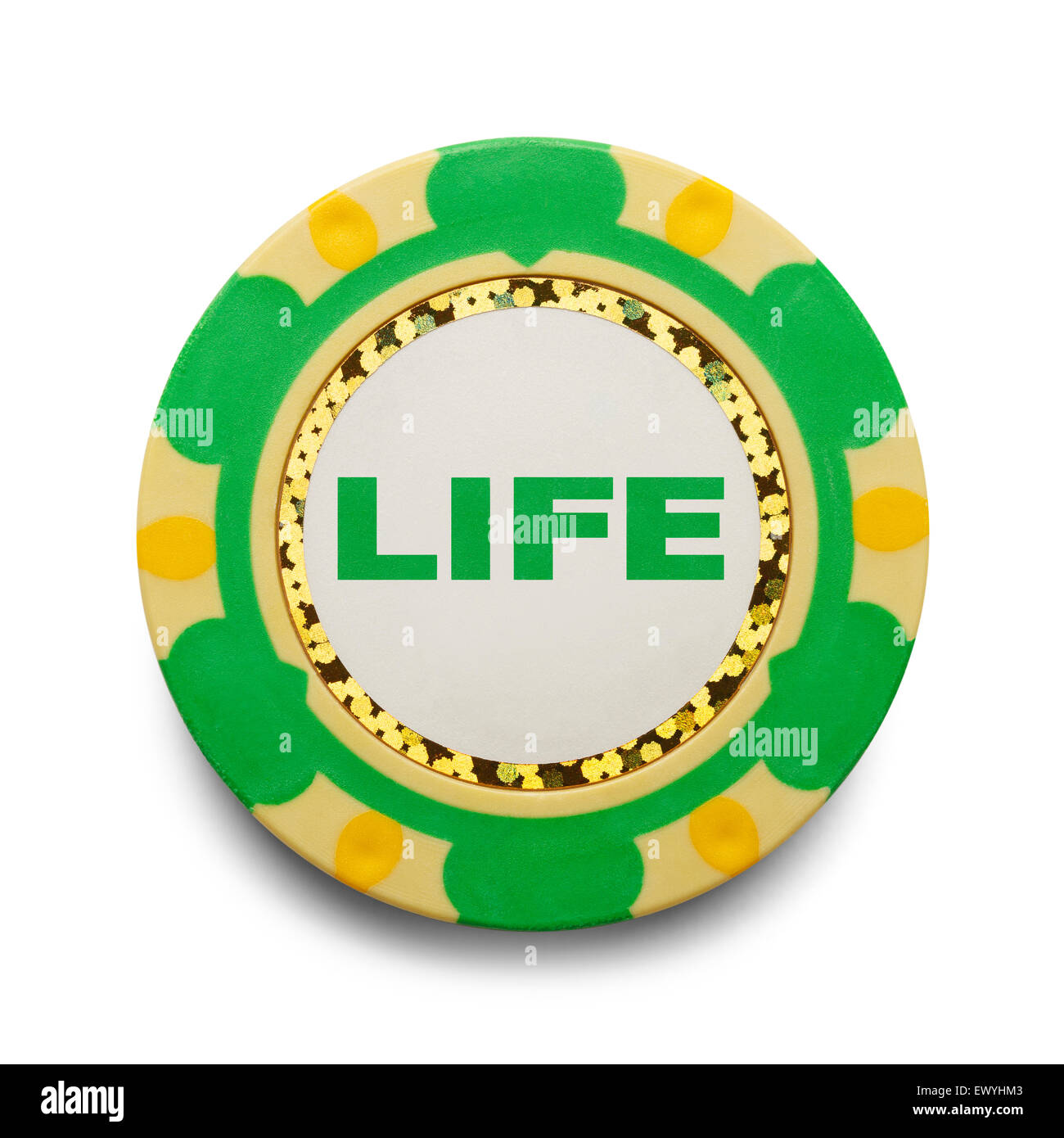 Leben riskieren, durch das Glücksspiel Pokerchip auf weißem Hintergrund isoliert. Stockfoto