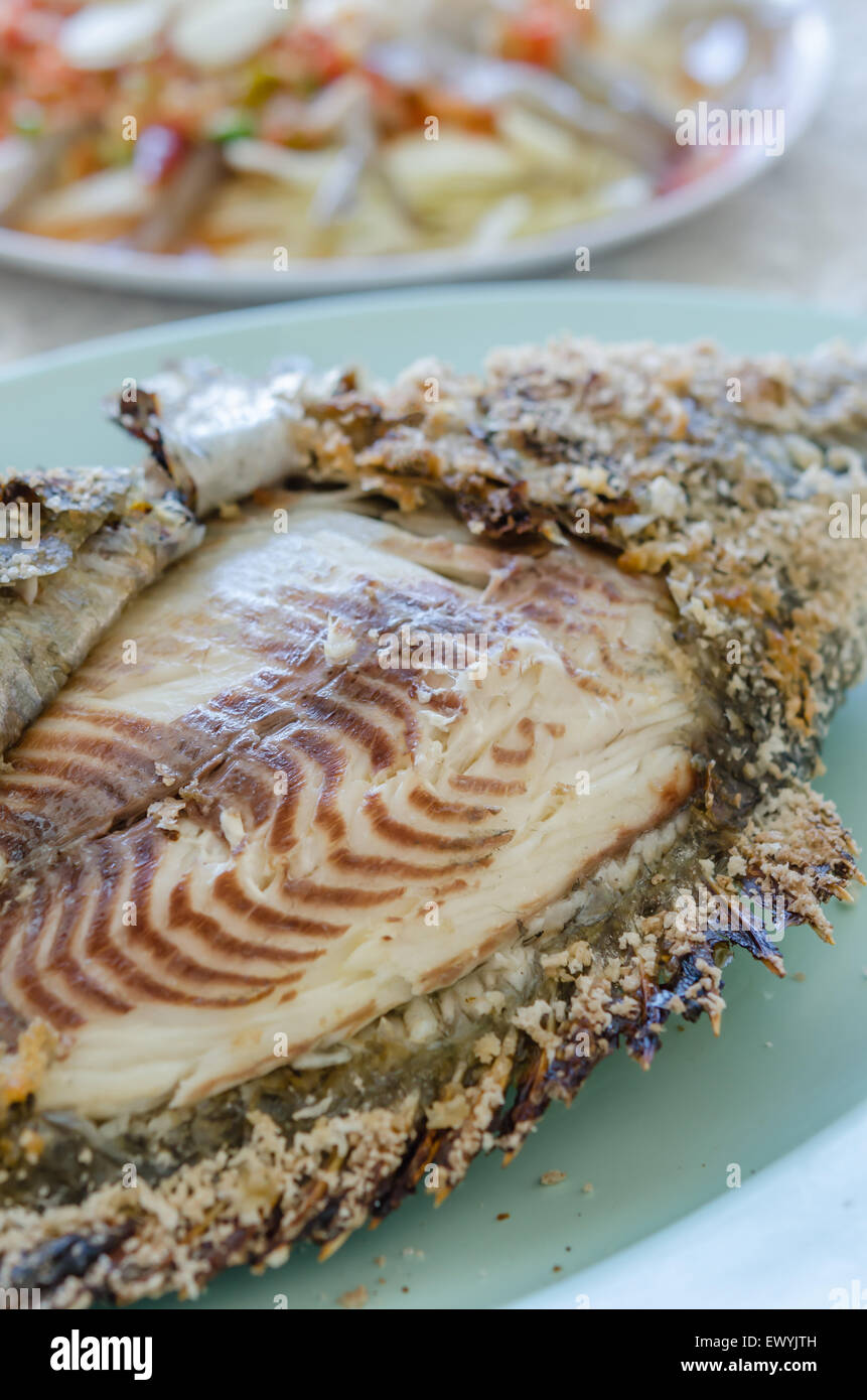 Nahaufnahme Fischgericht, gegrillter Fisch Stockfoto