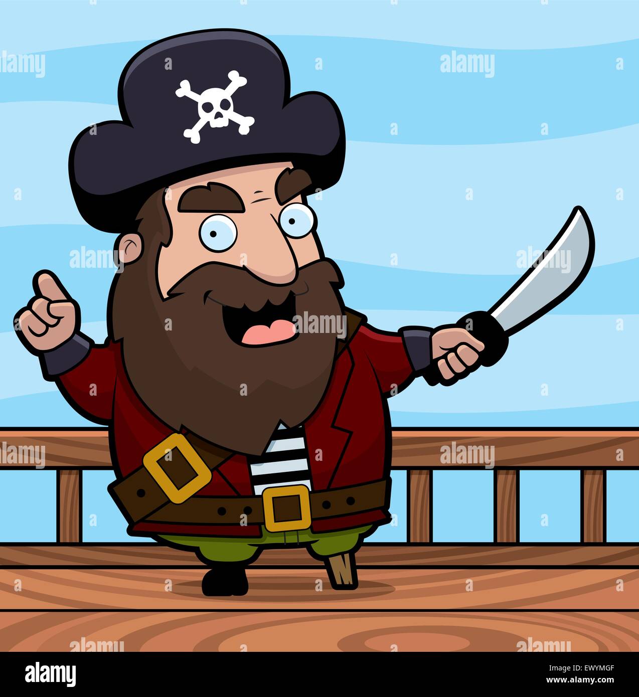 Ein glückliches Cartoon Pirat auf dem Deck eines Schiffes. Stock Vektor