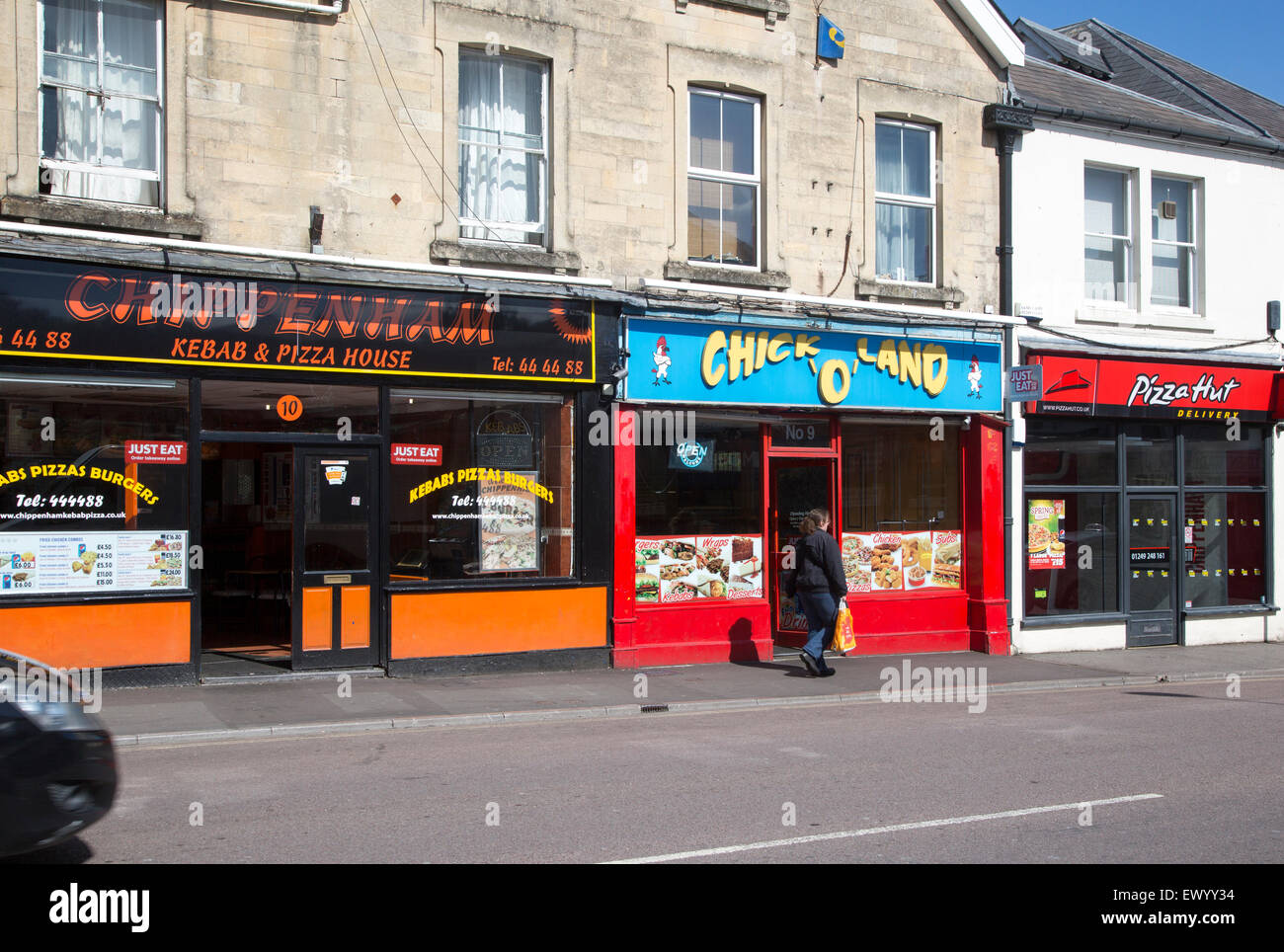 Reihe von Fast-Food Restaurant Take-away-Geschäfte, Chippenham, Wiltshire, England, UK Stockfoto