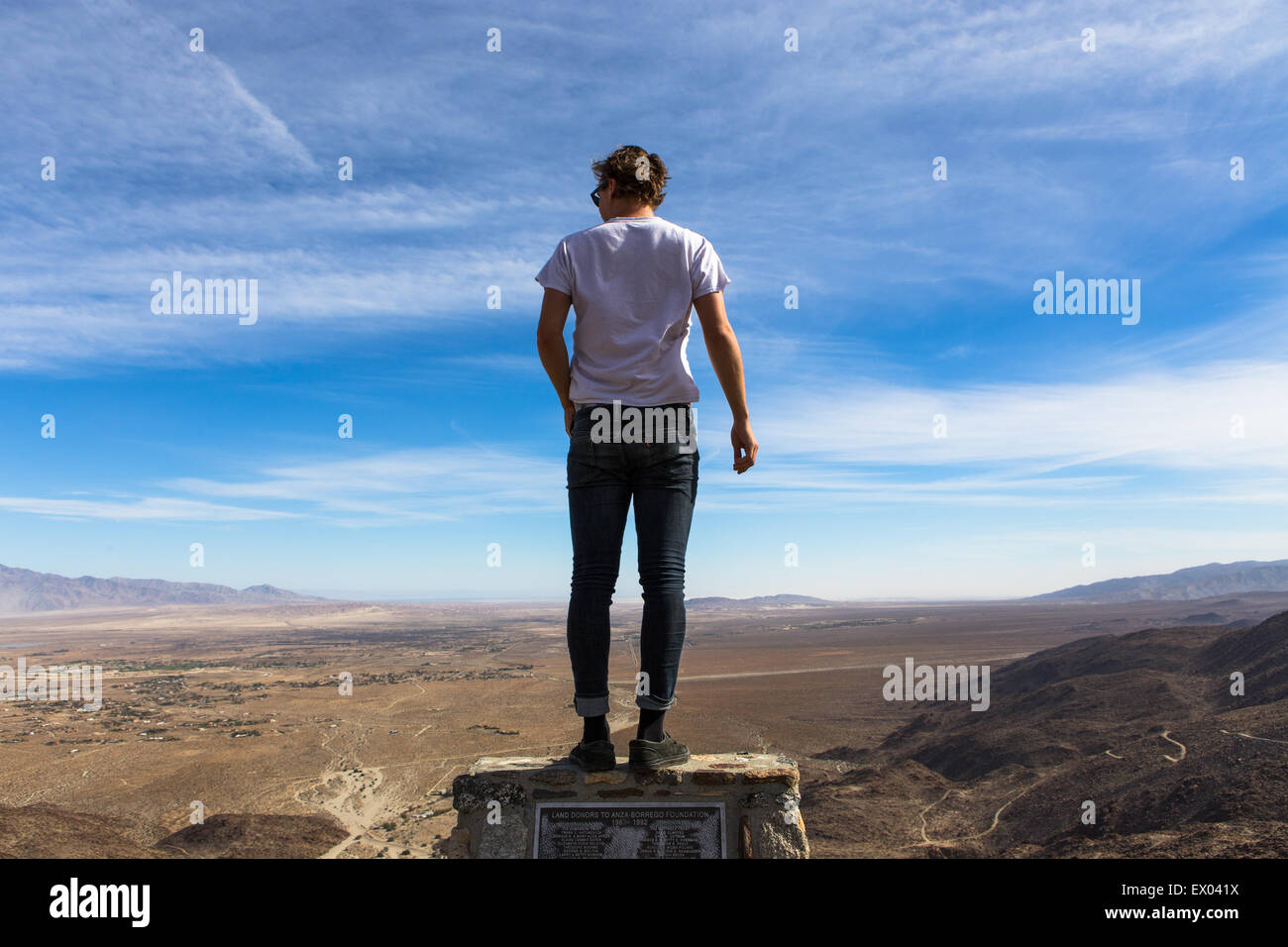 Rückansicht des jungen Mannes Blick auf Landschaft, Anza-Borrego Desert State Park, Kalifornien, USA Stockfoto