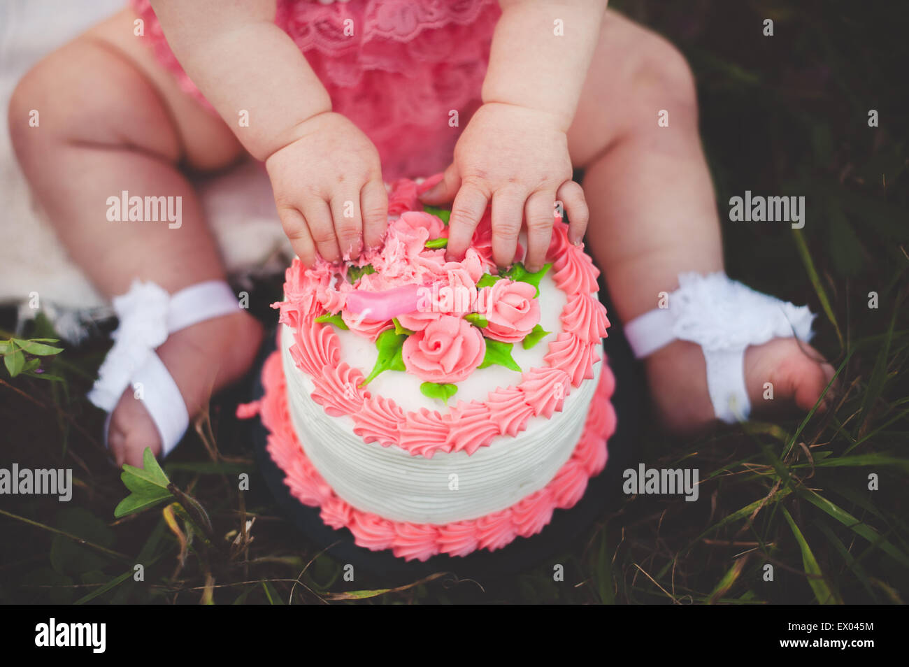 Schuss von Babymädchen sitzen auf dem Rasen berühren rosa Rosen auf Geburtstagskuchen beschnitten Stockfoto