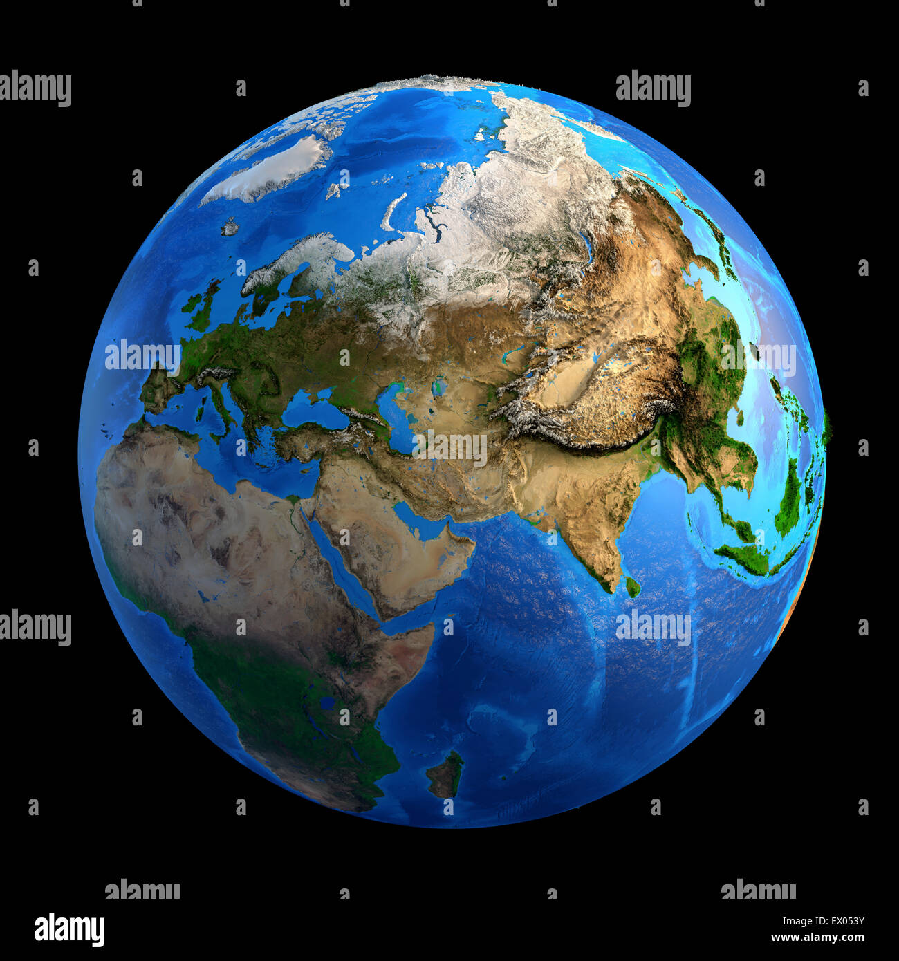Detailliertes Bild der Erde und seiner Landschaftsformen, isoliert auf schwarz. Elemente dieses Bildes, eingerichtet von der NASA Stockfoto