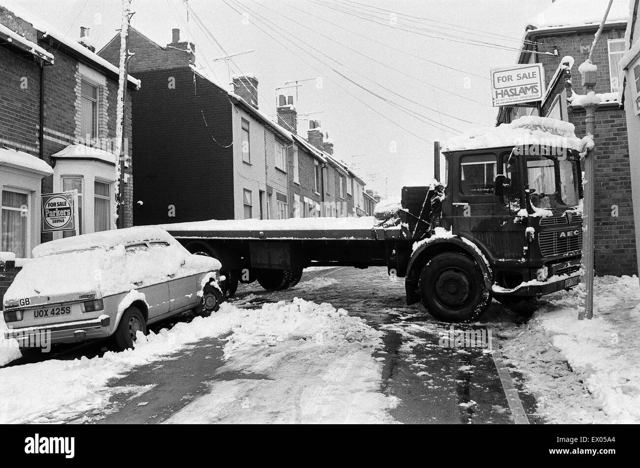Aufnahmen im Schnee in Reading. 6. Februar 1986. Stockfoto