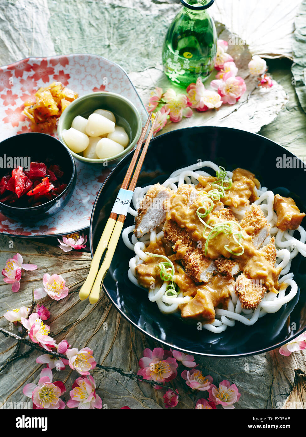 Stillleben mit Schüssel mit japanischen Huhn Katsu mit Beilagen Stockfoto