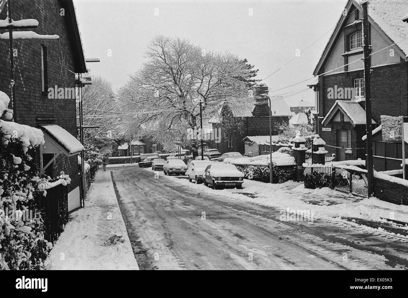Aufnahmen im Schnee in Reading. 6. Februar 1986. Stockfoto