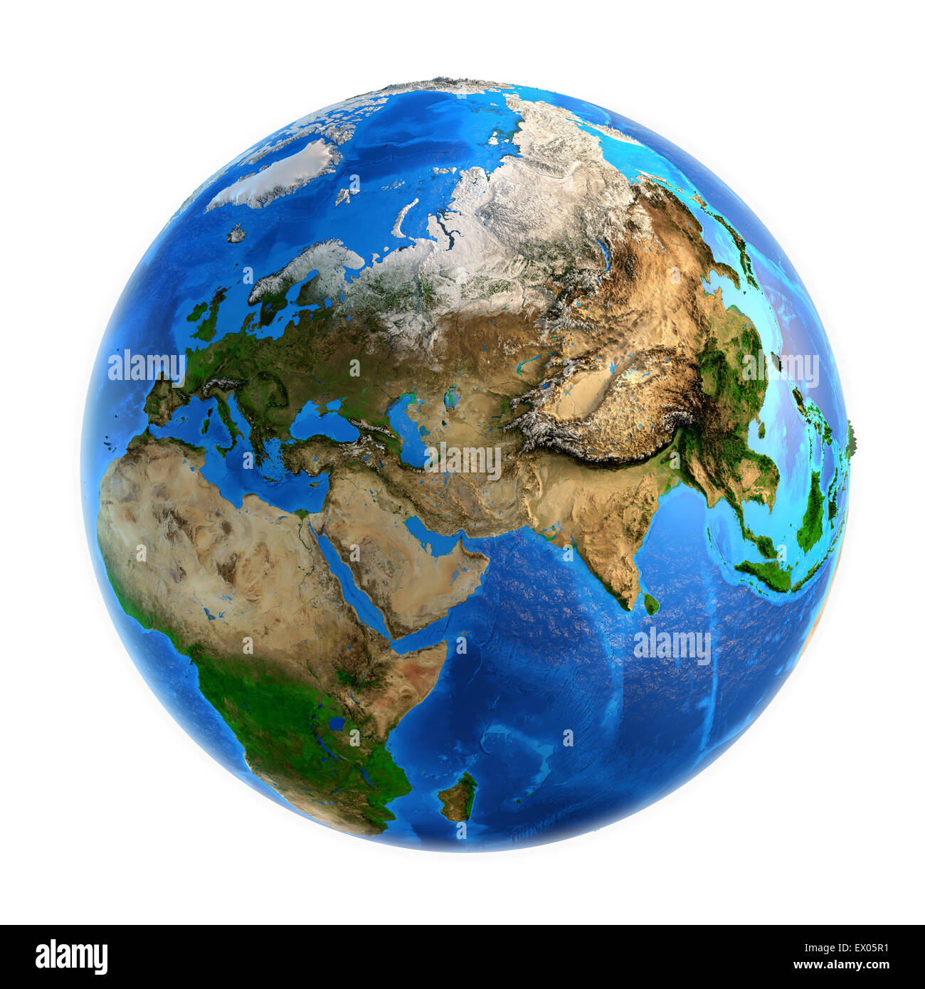 Detailliertes Bild der Erde und seiner Landschaftsformen, isoliert auf weiss. Elemente dieses Bildes, eingerichtet von der NASA Stockfoto