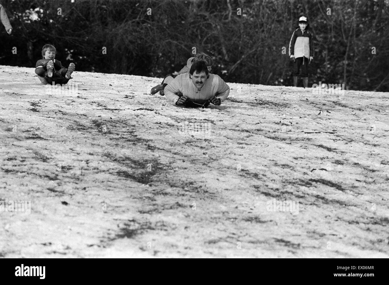 Rodeln in Reading. 8. Februar 1986. Stockfoto