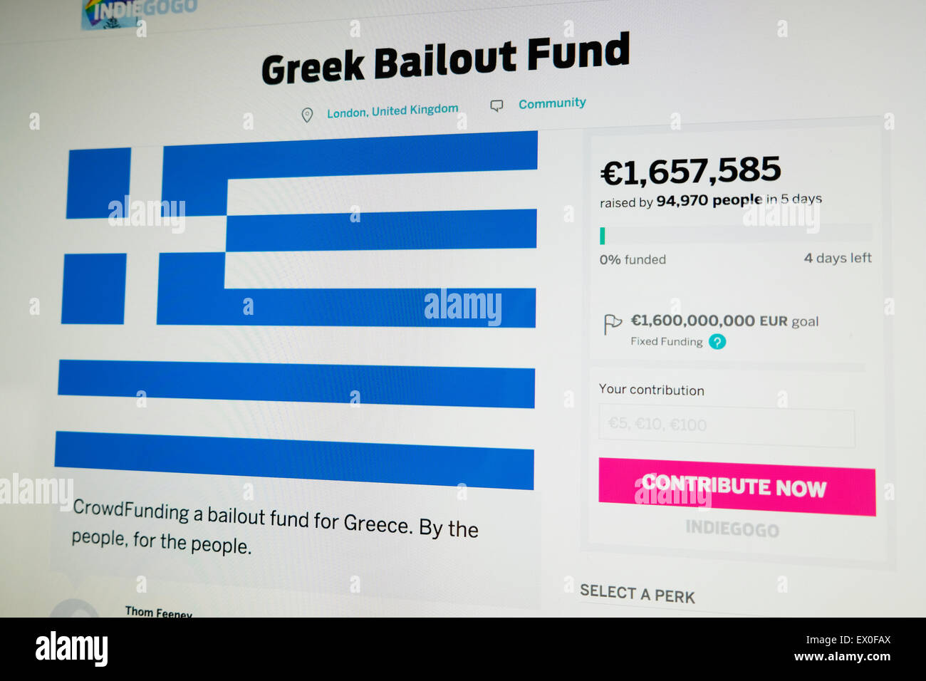 London, UK.  3. Juli 2015.  Eine Crowdfunding, die griechischen Rettungsschirm Online-für die Menschen in Griechenland auf der Website von Indiegogo von Thom Feeney eingerichtet erreicht eine Summe von €1.657.585 Euro kurz nach 14:00 MEZ.  Als Geld sind fließt dort 4 Tage Zeit, um das Ziel der €1,600,000,000 Euro-Ziel zu erreichen.  Kathy DeWitt/AlamyLiveNews Stockfoto
