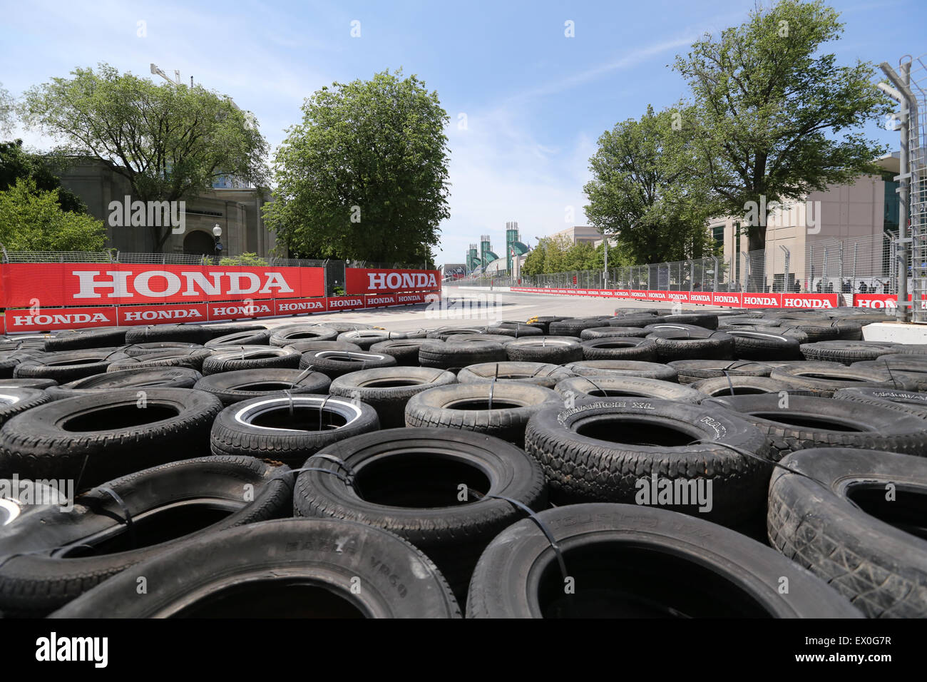 Reifen-Puffer-Rennstrecke Ecke Honda Indy Car Rennen Stockfoto