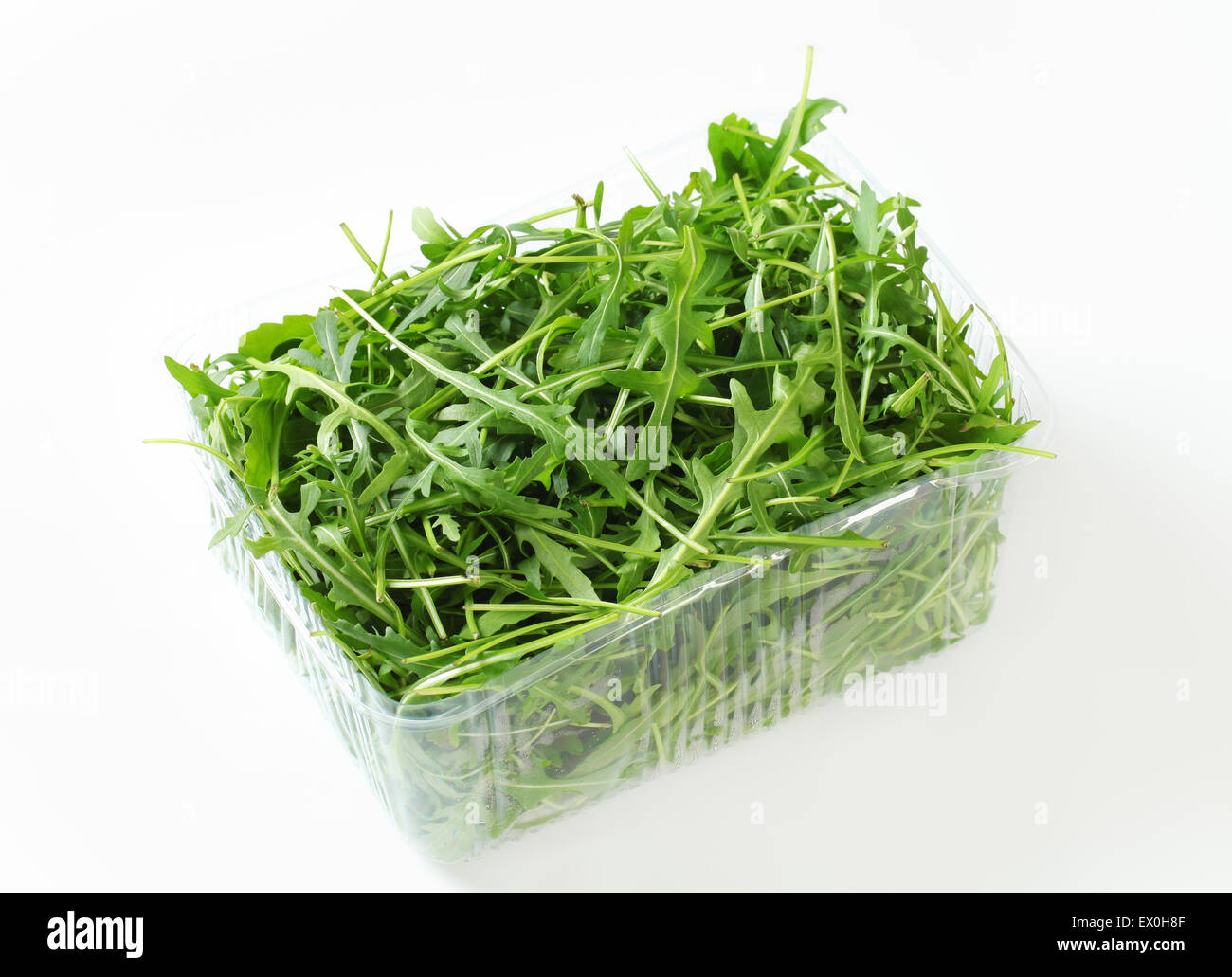 Rucola Blätter in Kunststoff-container Stockfoto