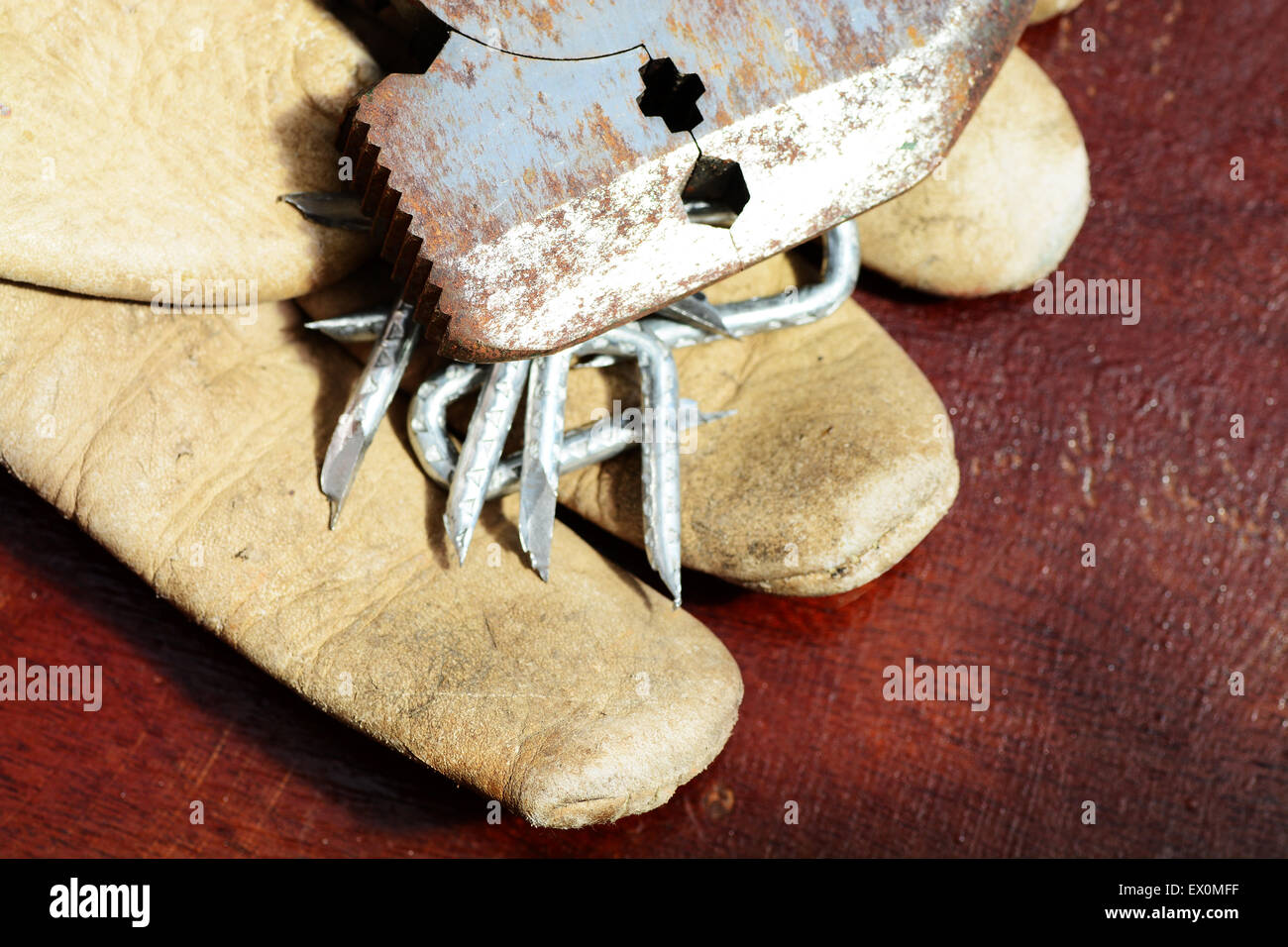 Eine alte Arbeit-Leder-Handschuh mit Hammer und Nägel mit Köpfen machen auf einem Tisch Stockfoto