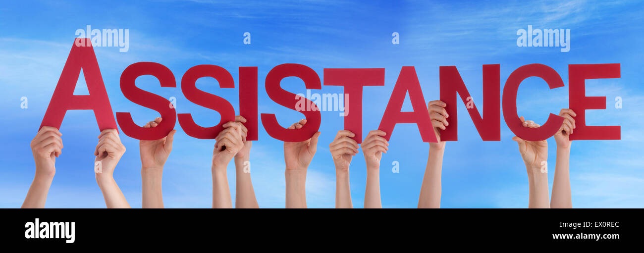 Hände halten rot gerade Wort Hilfe blauer Himmel Stockfoto