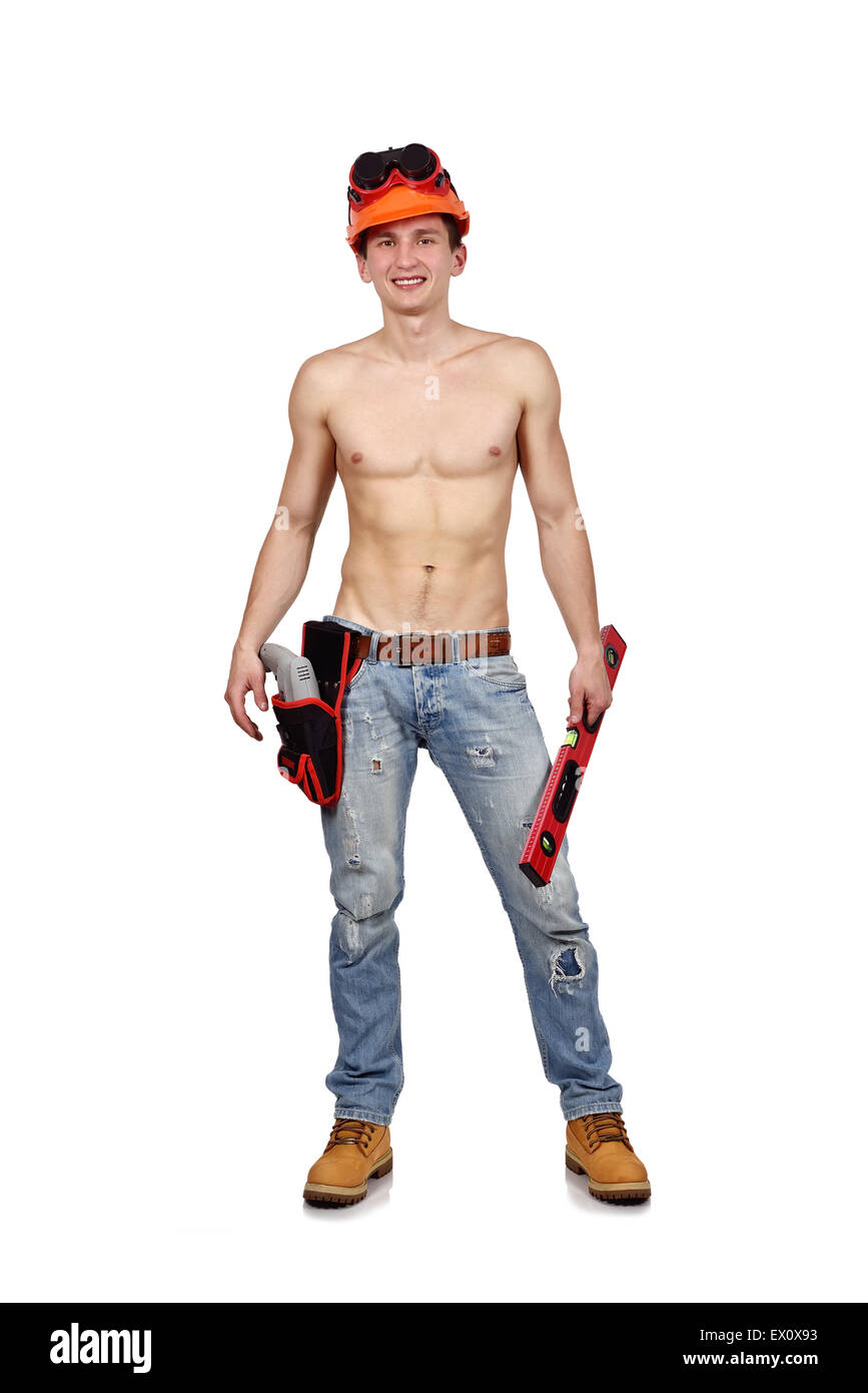 Arbeiter Mann mit Bohrer und Level-tool Stockfoto