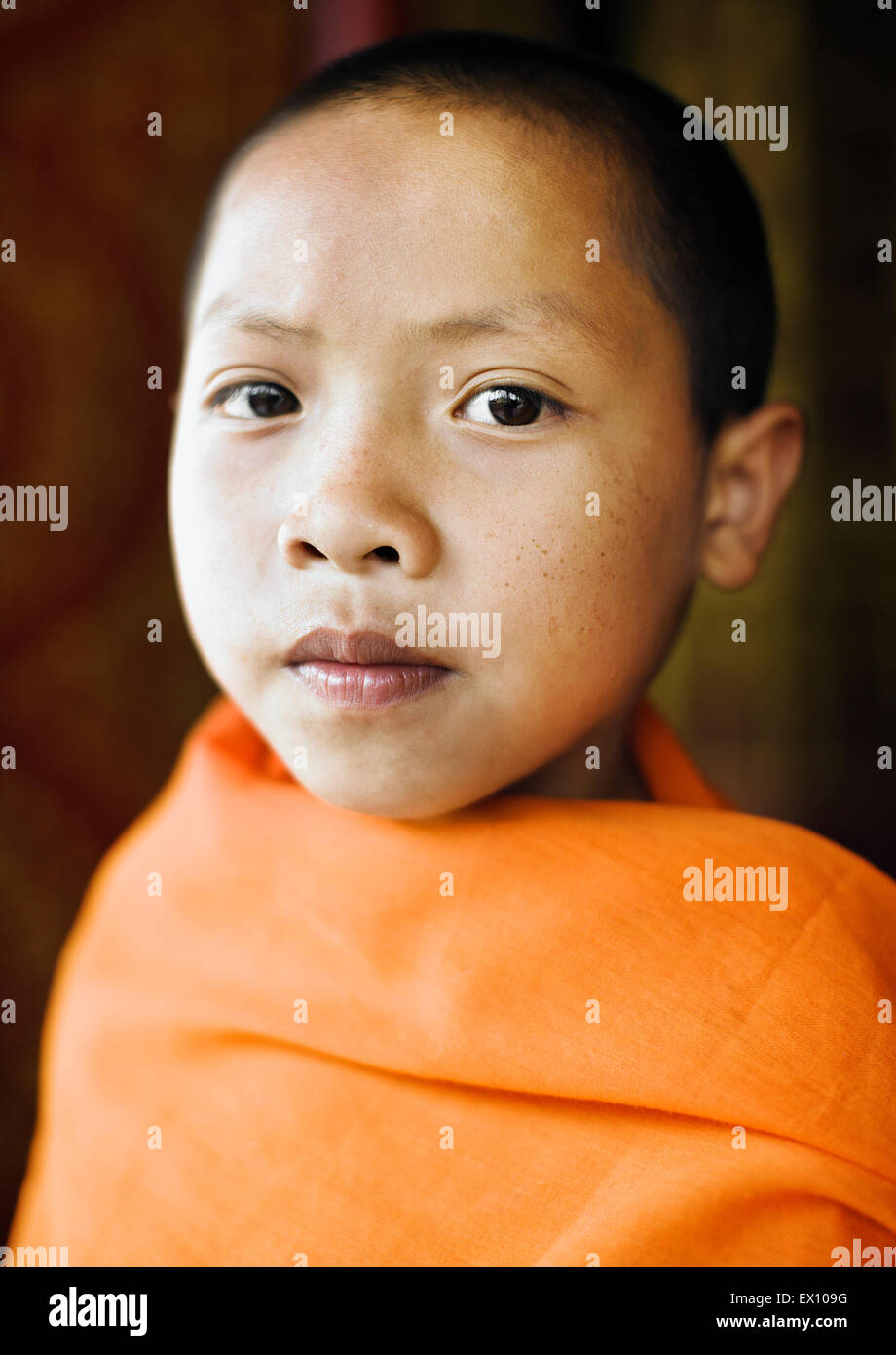 Ein Porträt von einer 12-Year-Old Novize am Wat Manoran. Luang Prabang, Laos Stockfoto