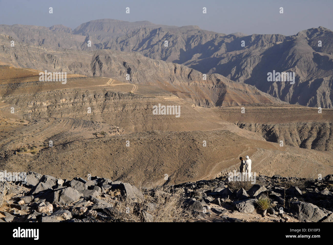 Trockenen, gebirgigen Landschaft des Jebel Harim, Halbinsel Musandam, Oman Stockfoto