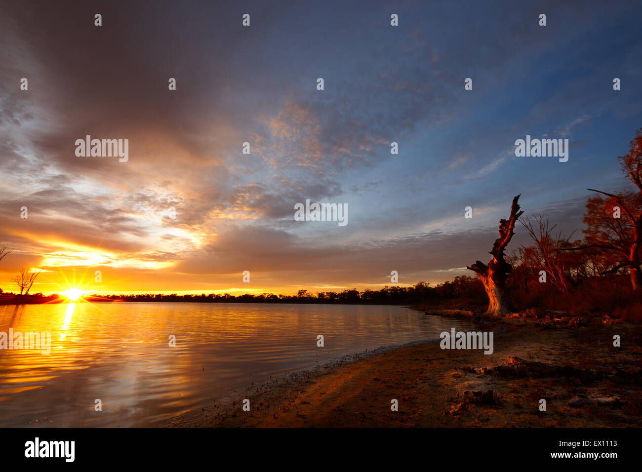 Sonnenaufgang über dem Billabong neben der Murray River, Sunraysia Region, Victoria, Australien. Stockfoto