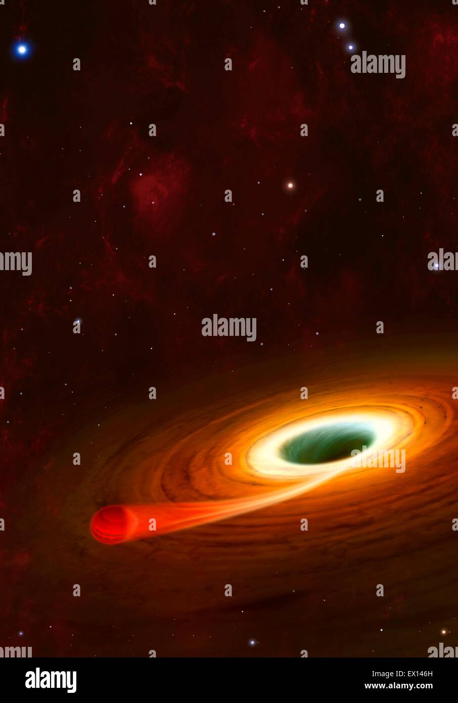Die folgende Abbildung zeigt ein supermassives schwarzes Loch in den Prozess der verschlingt eines nahe gelegenen gasförmigen Planeten Supermassive Schwarze Löcher Stockfoto