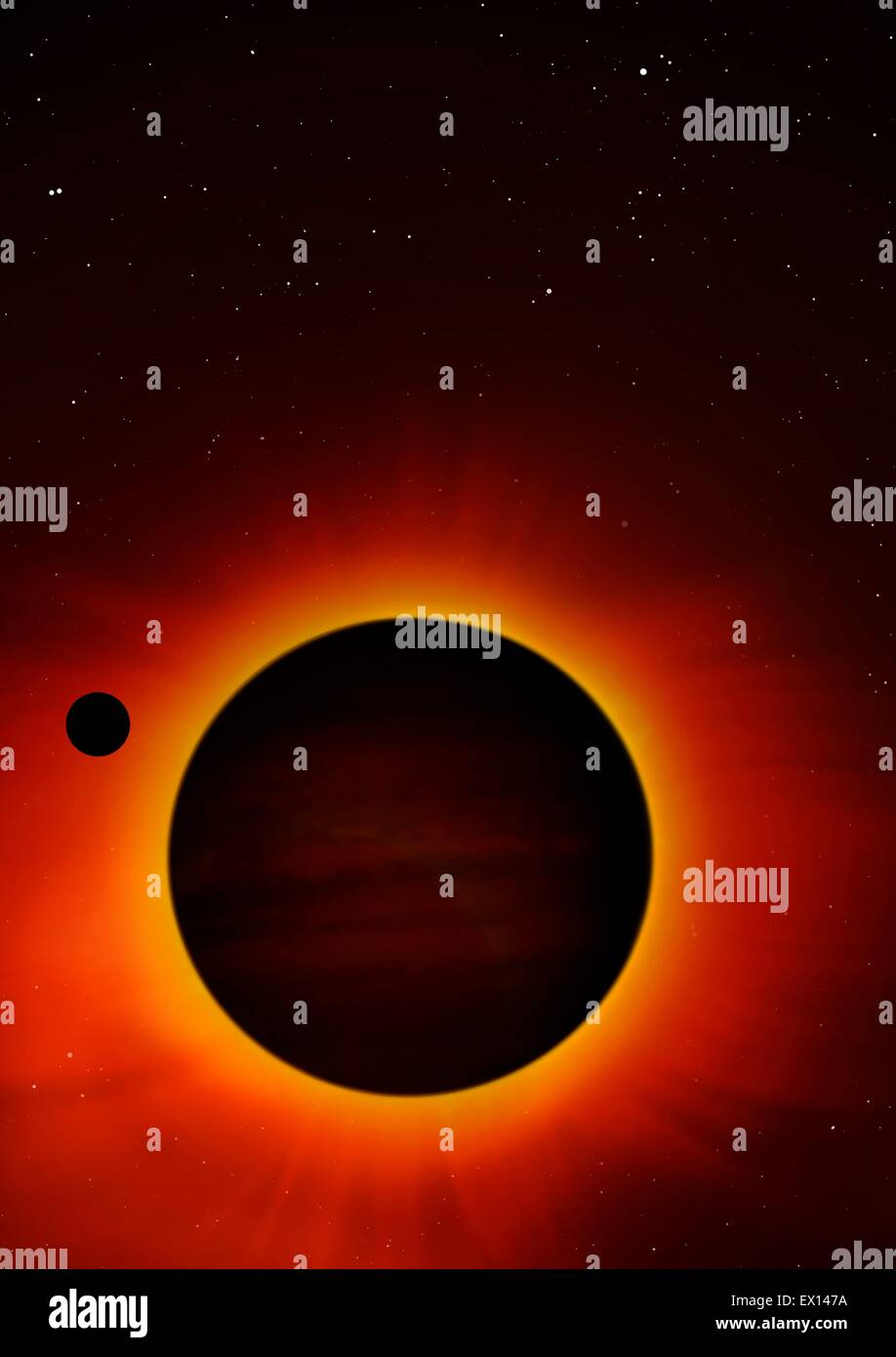 Die folgende Abbildung zeigt ein extrasolaren Planeten (Exoplanet) Bedeckungsveränderlichen seinen Stern ein Mond aus gesehen werden kann die auf linken Seite des Planeten Stockfoto