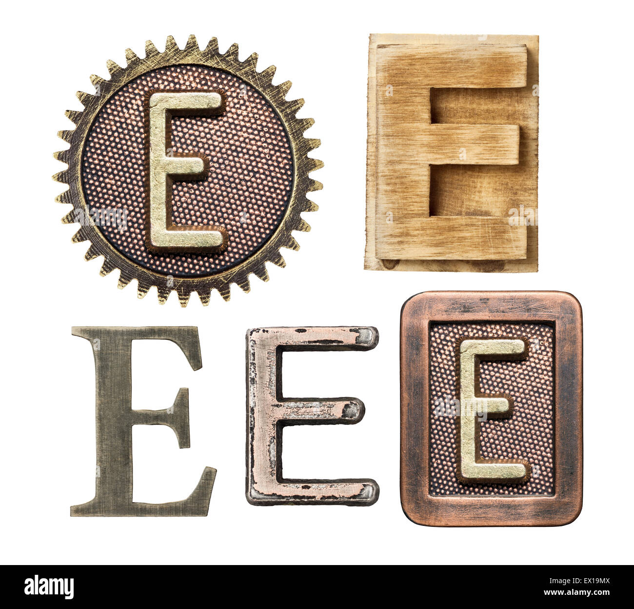 Alphabet hergestellt aus Holz und Metall. Buchstabe E Stockfoto