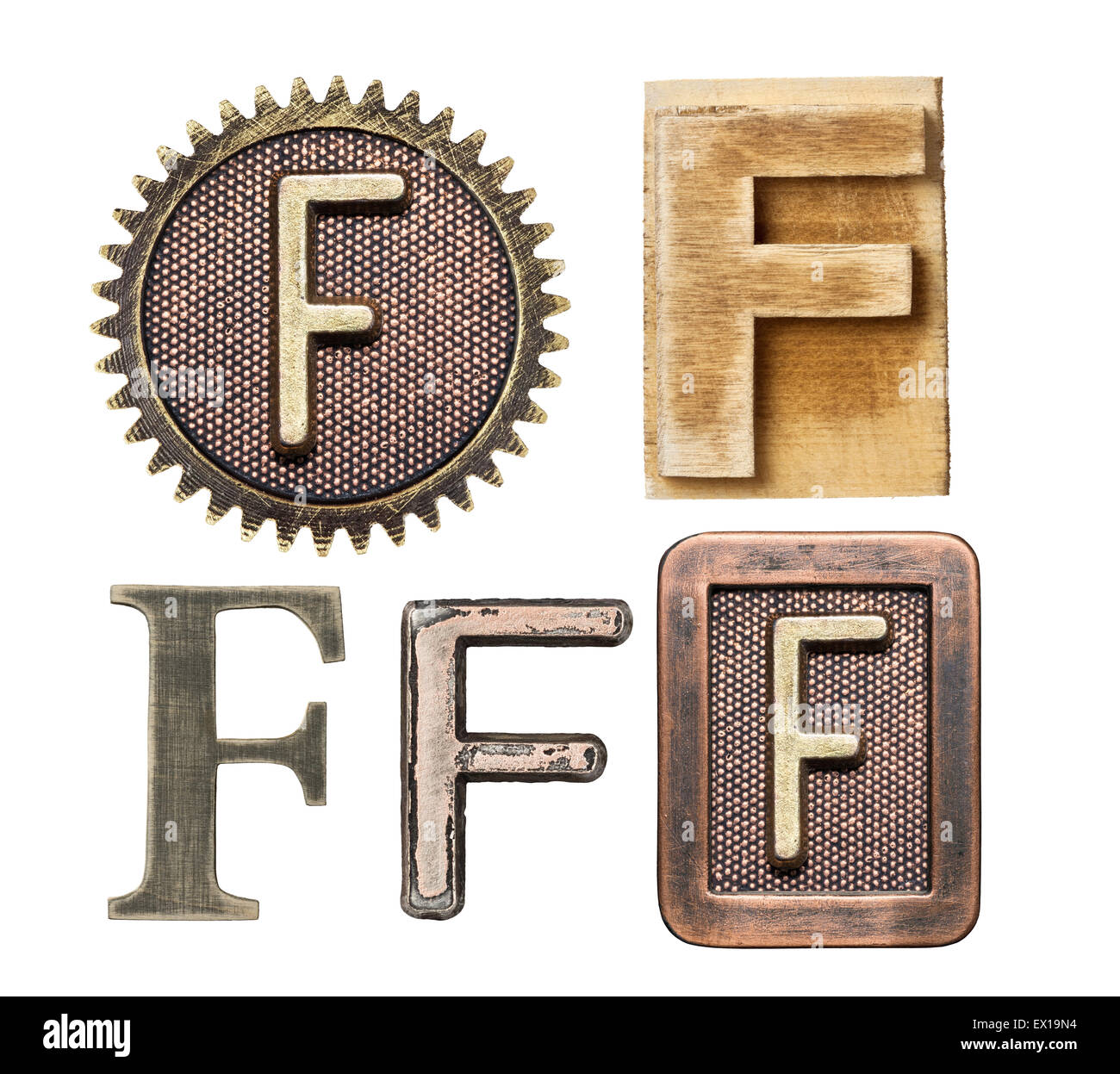 Alphabet hergestellt aus Holz und Metall. Buchstabe F Stockfoto