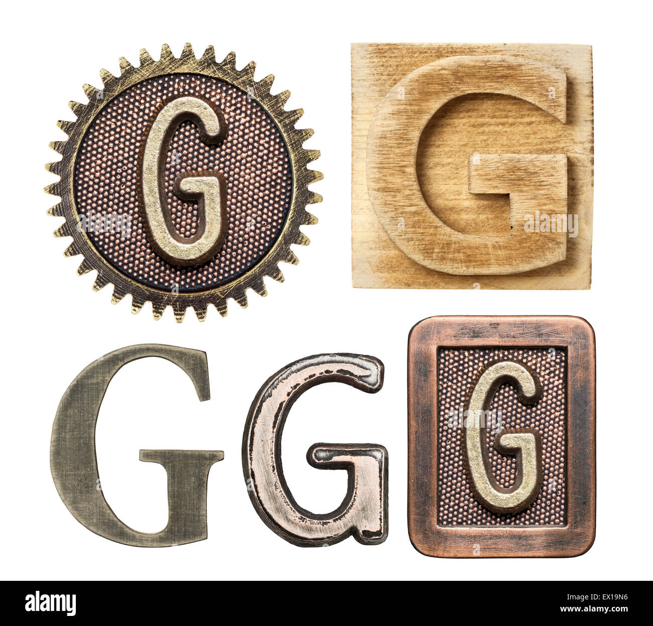 Alphabet hergestellt aus Holz und Metall. Buchstabe G Stockfoto