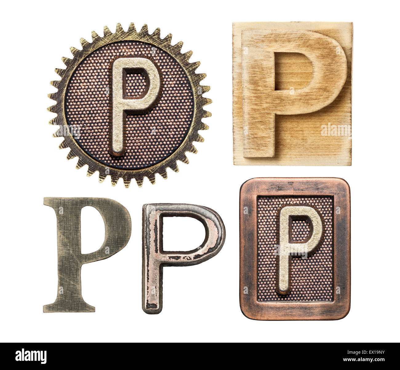 Alphabet hergestellt aus Holz und Metall. Buchstaben P Stockfoto