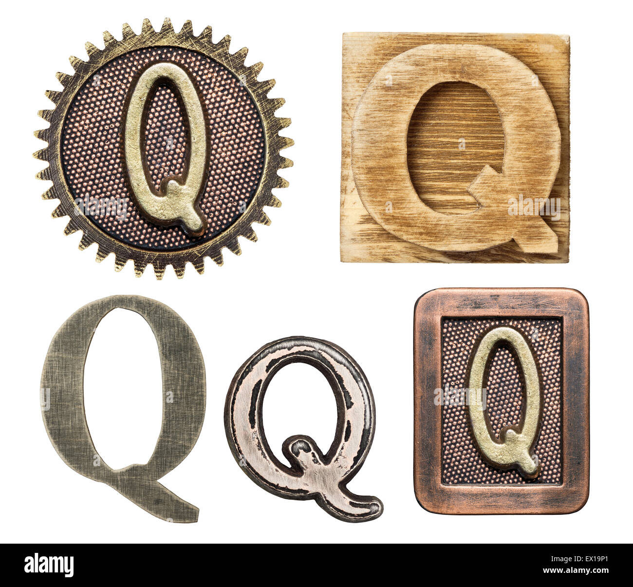 Alphabet hergestellt aus Holz und Metall. Buchstabe Q Stockfoto
