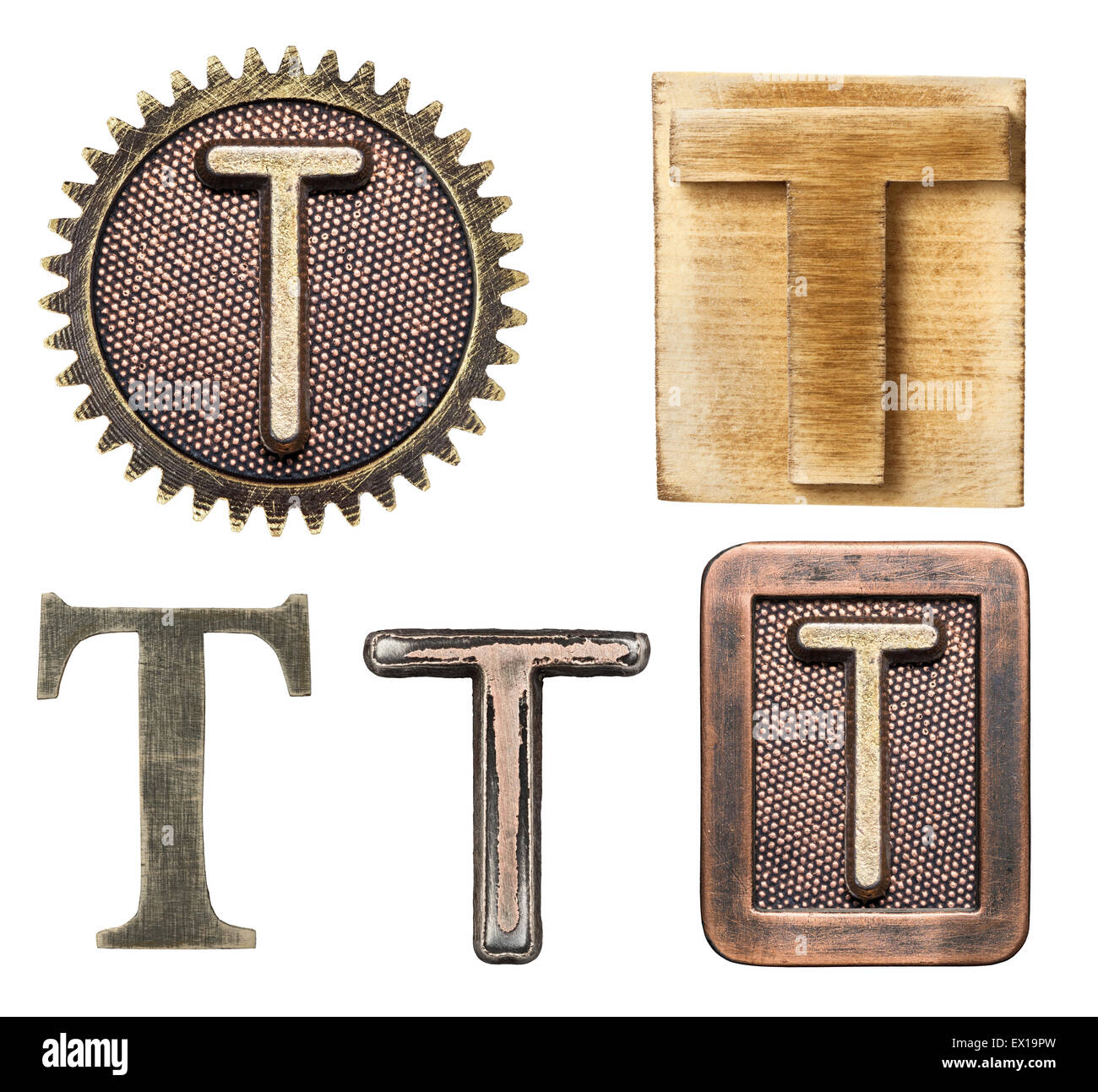 Alphabet hergestellt aus Holz und Metall. Buchstabe T Stockfoto