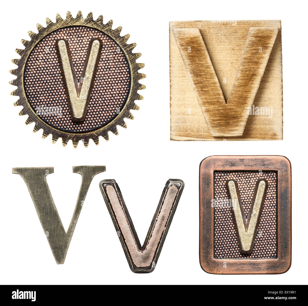 Alphabet hergestellt aus Holz und Metall. Buchstabe V Stockfoto
