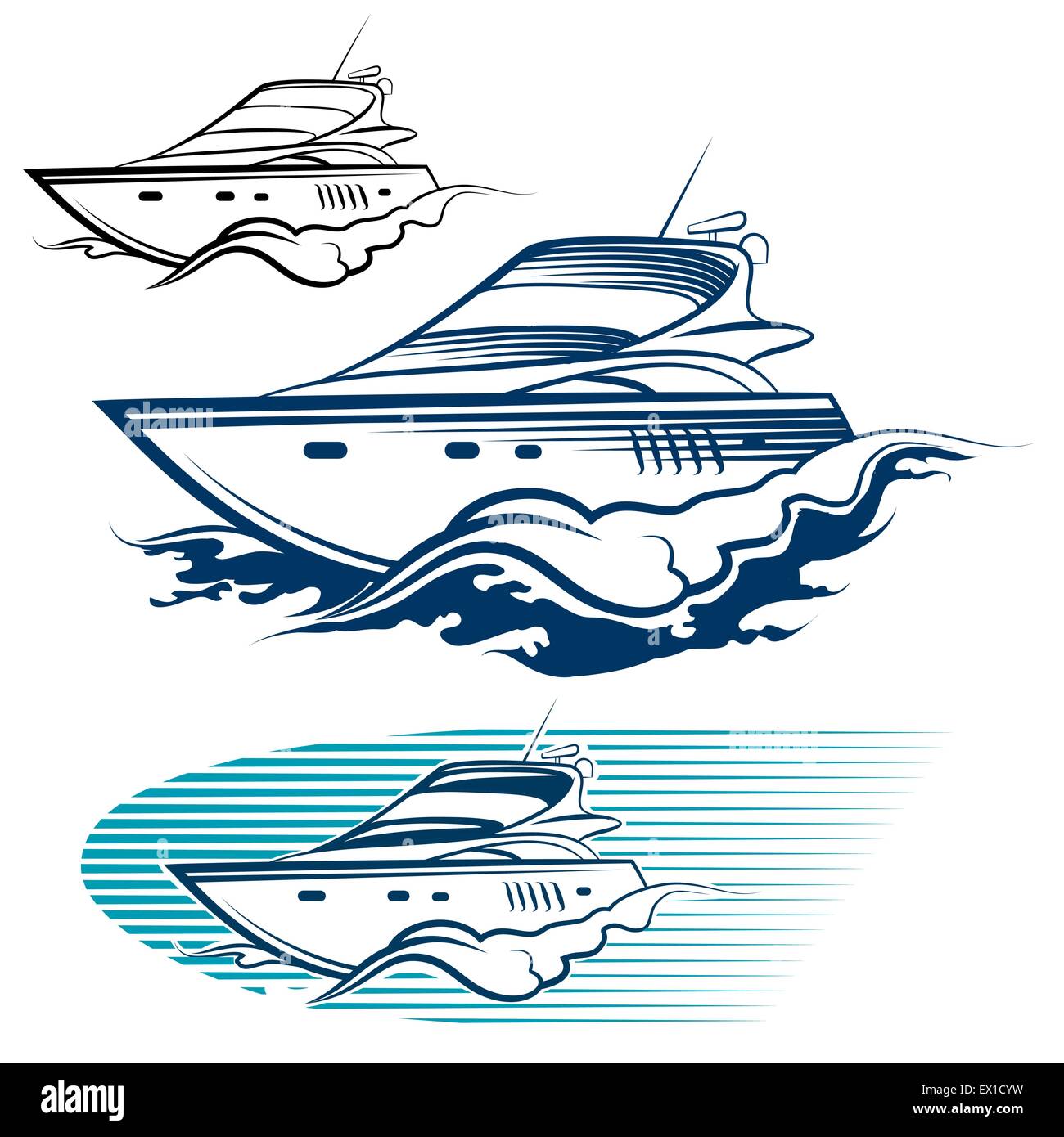 Yacht-Emblem-Set. Motor mit dem Schnellboot und Welle. Isoliert auf weißem Hintergrund. Stock Vektor