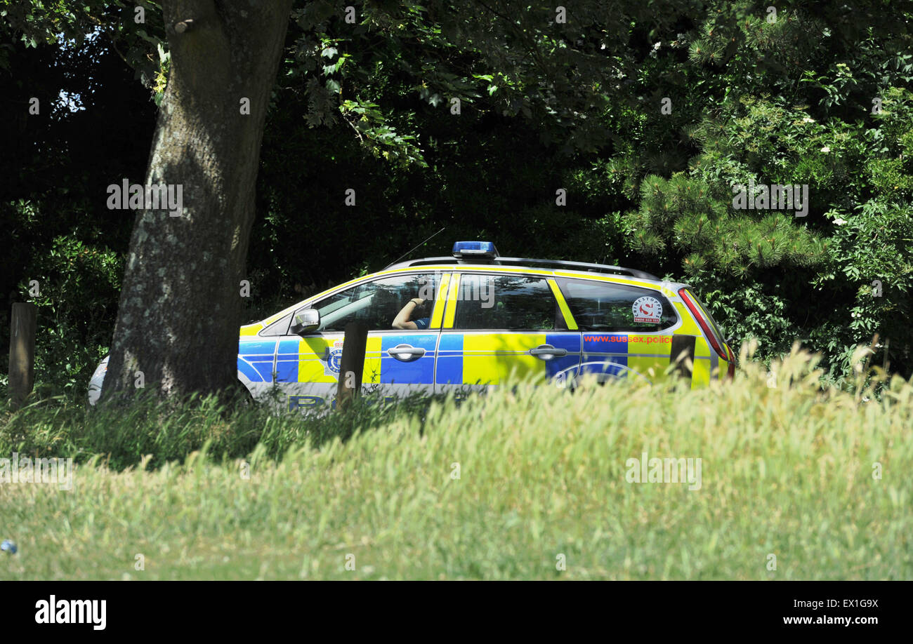 Brighton UK soll Samstag, 4. Juli 2015 - ein Polizeiauto Parken in der Nähe von Uhren, die der grünen stolz pro Cannabis in Preston Park Brighton heute die Veranstaltung organisiert von Brighton Cannabis Club ist die Legalisierung von medizinischem Cannabis, Cannabis, Hanf und alles grün mit vielen von ihnen offen ins Rollen und Rauchen Gelenke im Park feiern zu fördern Stockfoto