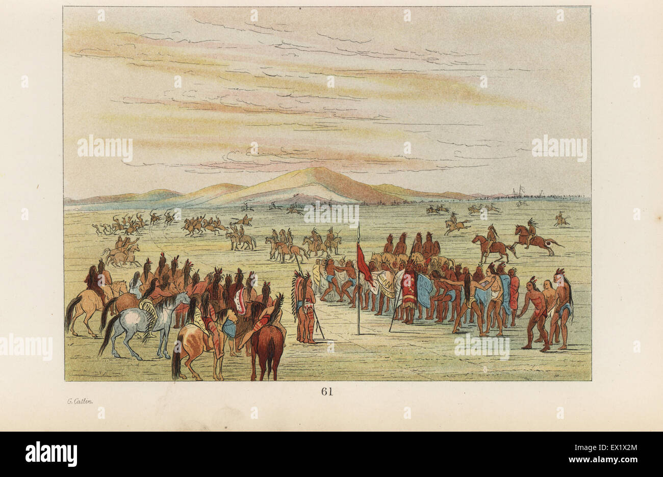Mandan Krieger genießen eine Pferderennen und Glücksspiel in Missouri. Handkoloriert Lithographie von George Catlins Sitten, Bräuche und Zustand der nordamerikanischen Indianer, London, 1841. Stockfoto