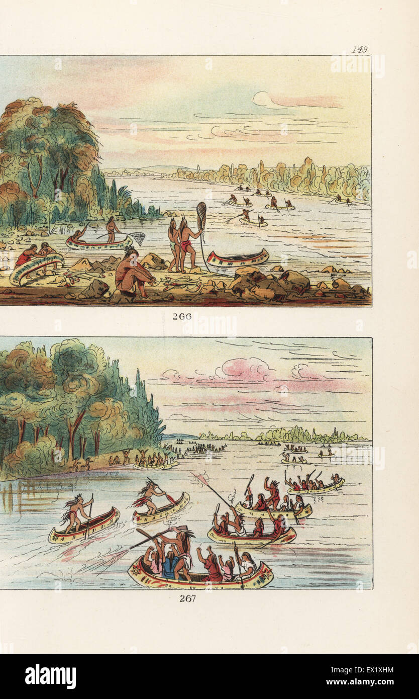 Chippewa-Männer Angeln in bellen Kanus auf dem St. Marys River, Ontario, 266, und Chippewa braves Rennsport Kanus bei einer Regatta. Handkoloriert Lithographie von George Catlins Sitten, Bräuche und Zustand der nordamerikanischen Indianer, London, 1841. Stockfoto