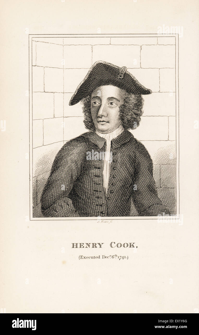 Henry Cook, berüchtigten Räuber in Tyburn, 1741 gehängt. Kupferstich von R. Grab aus John Caulfields Porträts, Memoiren und Zeichen der bemerkenswerte Personen, Young, London, 1819. Stockfoto