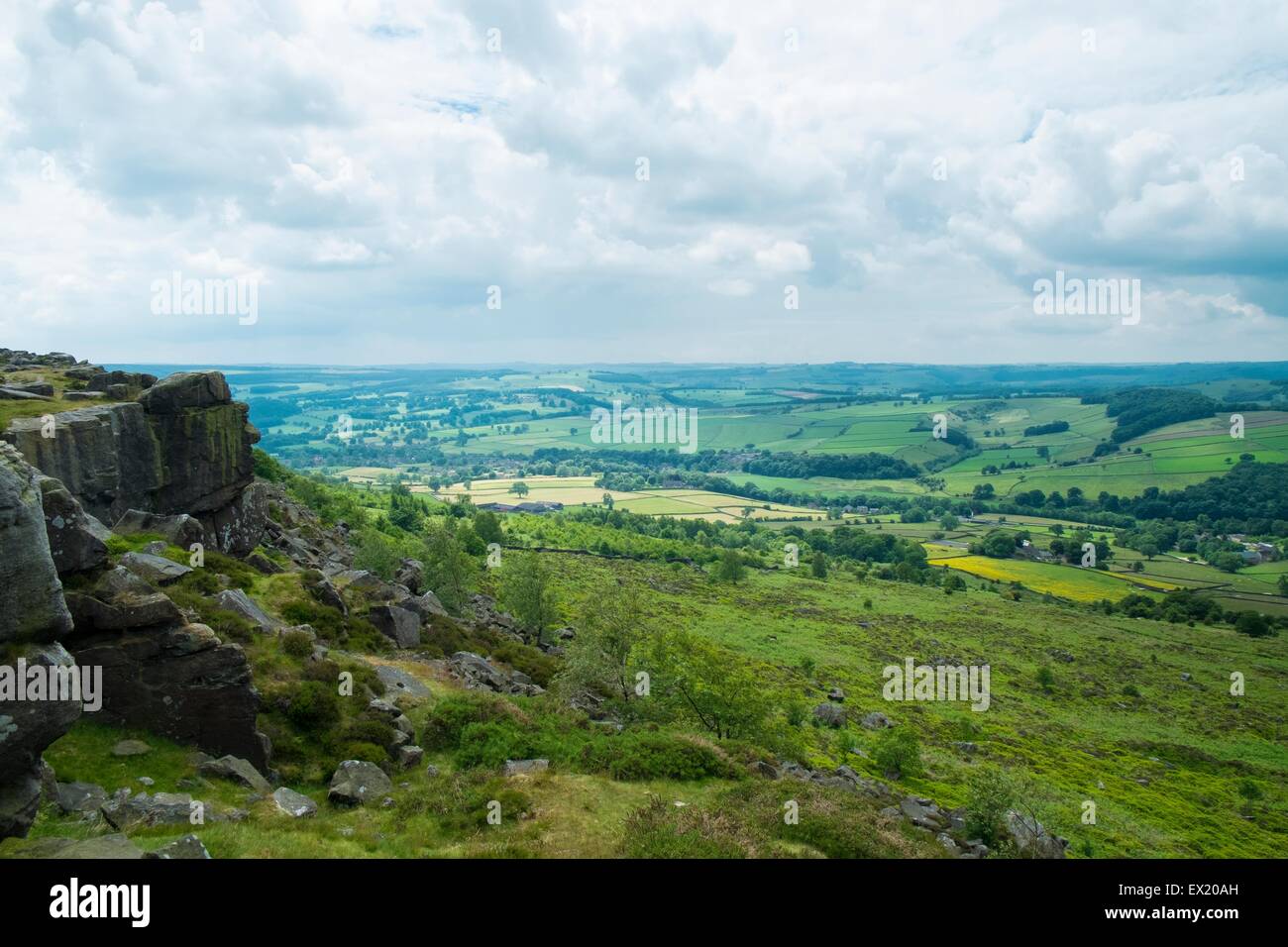 Blick auf Baslow Rand und Derwent Valley. Stockfoto