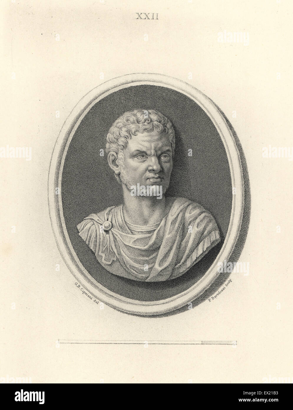 Caracalla oder römischen Kaiser Antoninous. Kupferstich von Francesco Bartolozzi nach einem Entwurf von Giovanni Battista Cipriani aus 108 Platten der Antike Schmuckstücke, 1860. Die Edelsteine wurden von dem Herzog von Marlborough Sammlung. Stockfoto