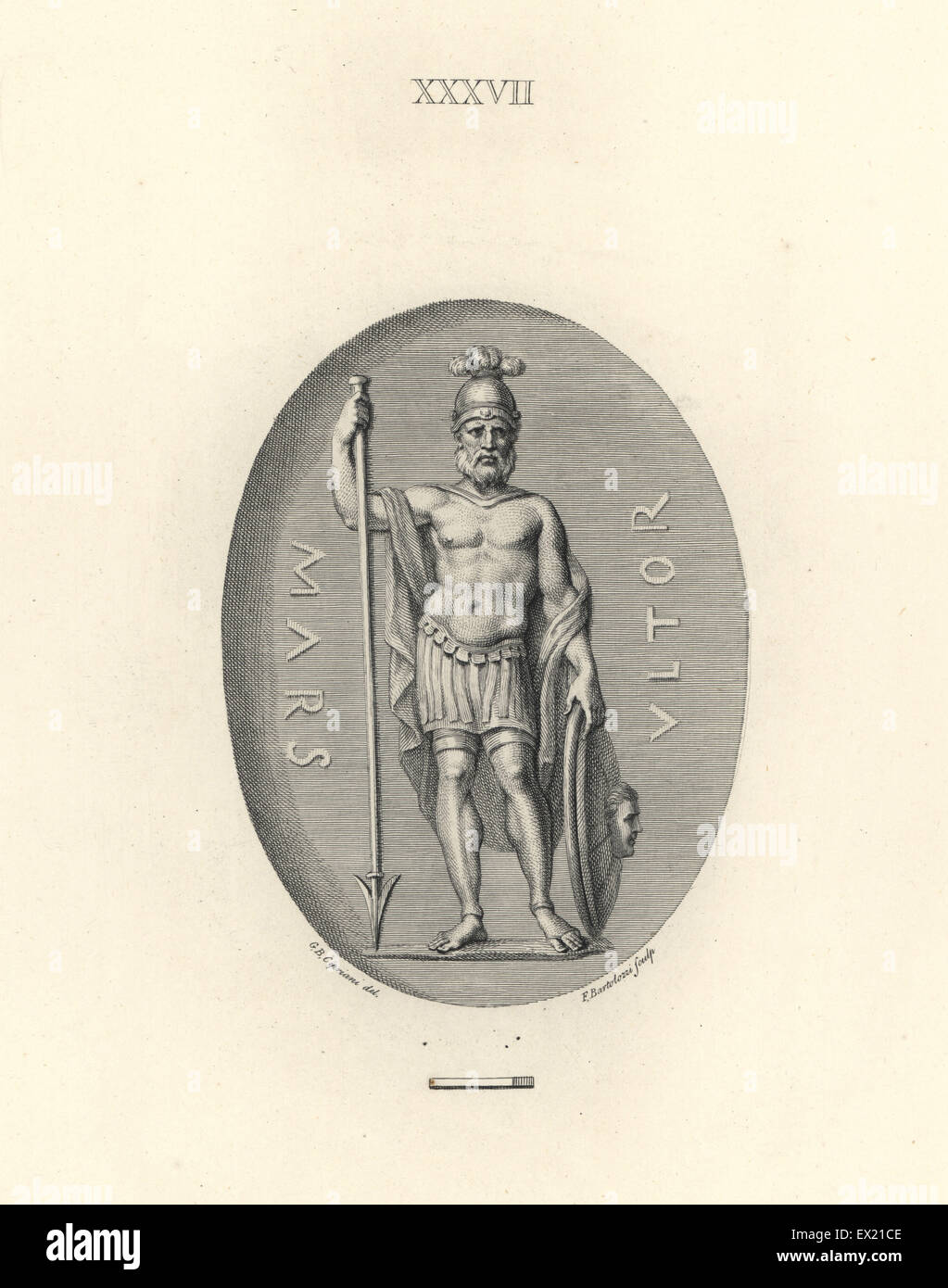 Mars, römischer Gott des Krieges, mit Helm, Speer und Schild, Mantel, Leder Rock stehen. Kupferstich von Francesco Bartolozzi nach einem Entwurf von Giovanni Battista Cipriani aus 108 Platten der Antike Schmuckstücke, 1860. Die Edelsteine wurden von dem Herzog von Marlborough Sammlung. Stockfoto