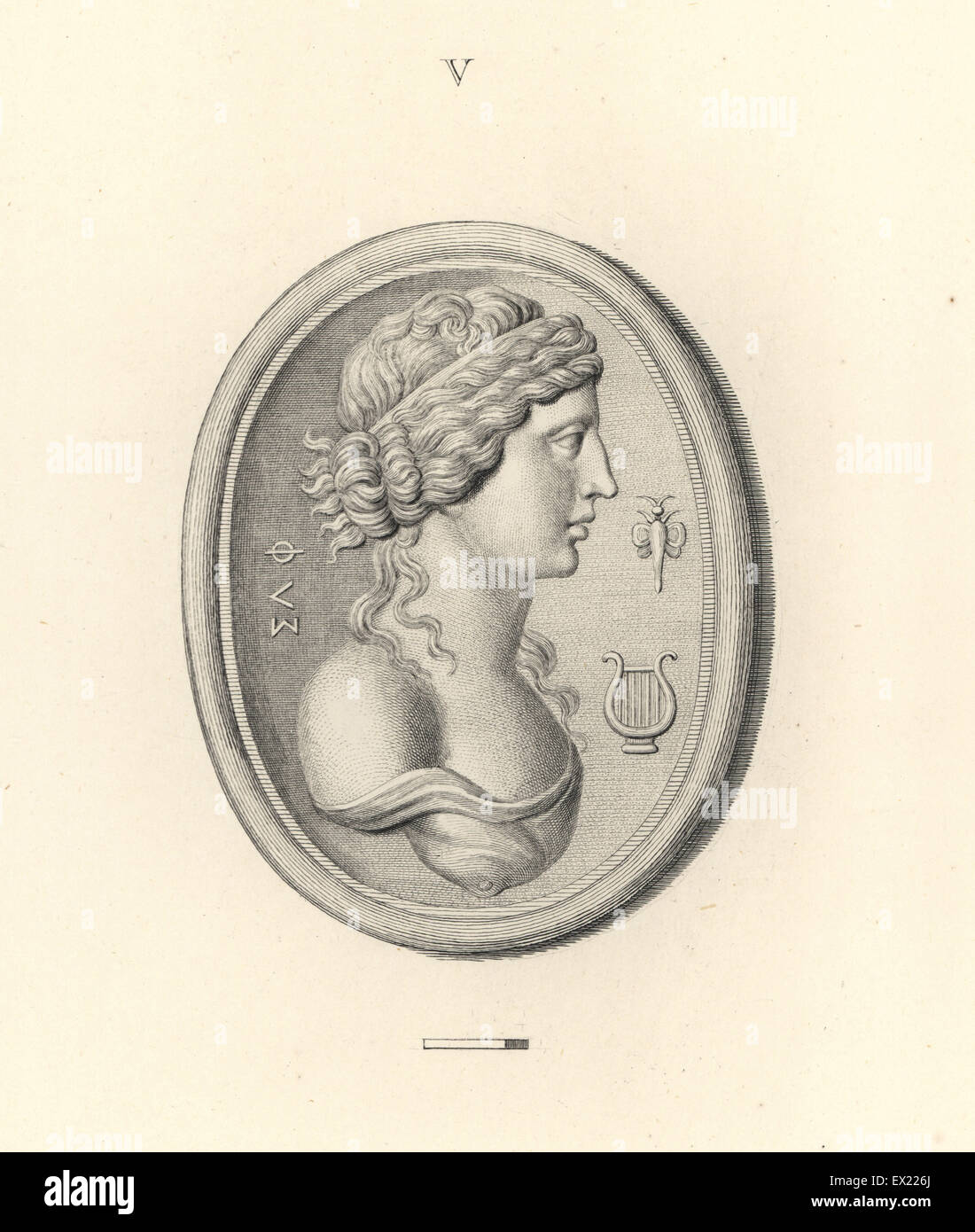 Leiter der Sappho, griechische Dichter der Insel Lesbos, mit Lyra und Insekt. Kupferstich von Francesco Bartolozzi aus 108 Platten der Antike Schmuckstücke, 1860. Die Edelsteine wurden von dem Herzog von Marlborough Sammlung. Stockfoto