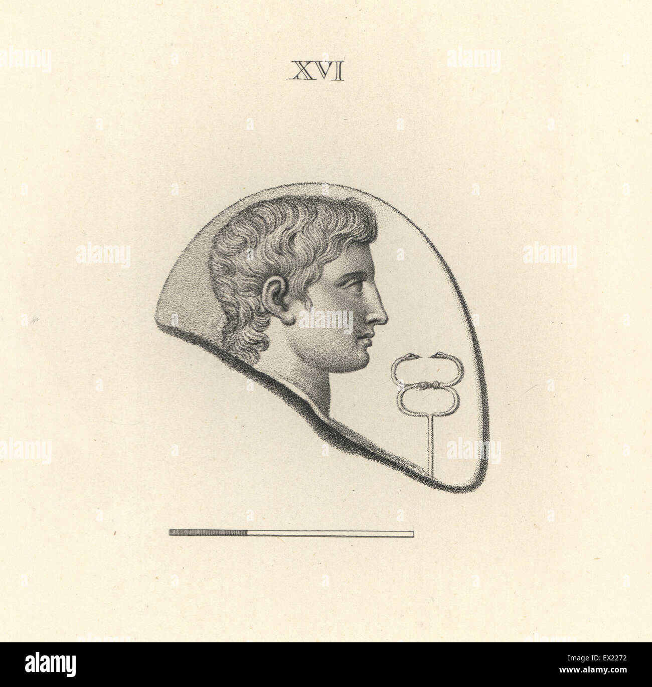 Kopf des Merkur, römischer Gott der Kommunikation, mit Hermesstab. Kupferstich von Francesco Bartolozzi aus 108 Platten der Antike Schmuckstücke, 1860. Die Edelsteine wurden von dem Herzog von Marlborough Sammlung. Stockfoto