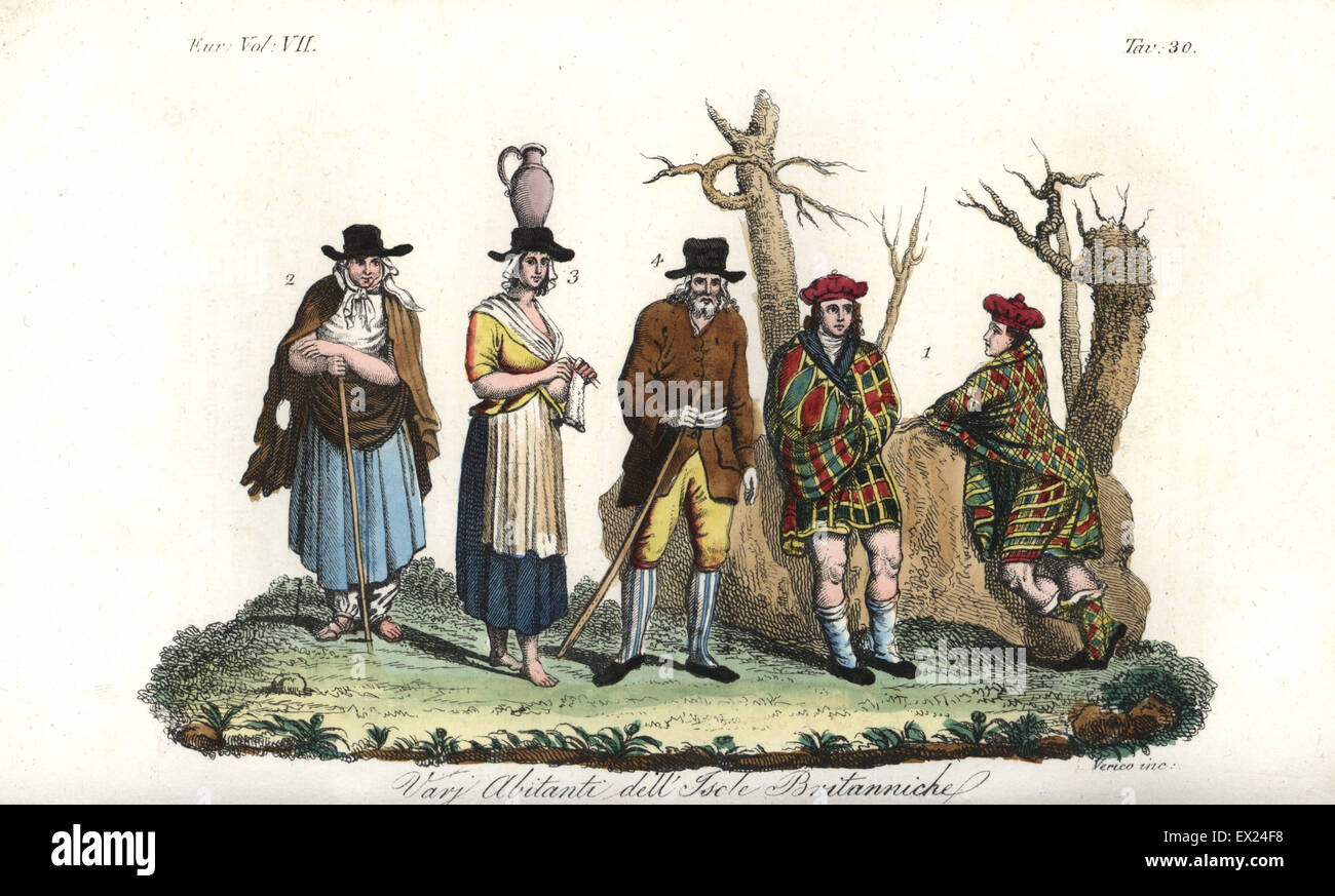Trachten der Einwohner der britischen Inseln, aus dem 18. Jahrhundert. Der Mensch Männer des schottischen Hochlands in Tartan Kilts 1, Highland Frau 2 und Tiefland Frau, 3, 4. Handkoloriert Kupferstich von Verico aus Giulio Ferrario Kostüme Ancient and Modern der Völker der Welt, Florenz, 1847. Stockfoto