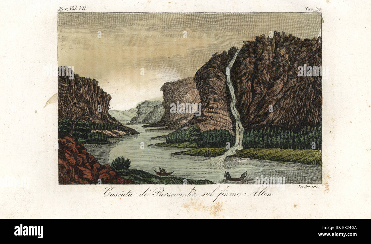 Wasserfall auf dem Fluss Alten, Norwegen, aus dem 18. Jahrhundert. Handkoloriert Kupferstich von Verico aus Giulio Ferrario Kostüme Ancient and Modern der Völker der Welt, Florenz, 1847. Stockfoto