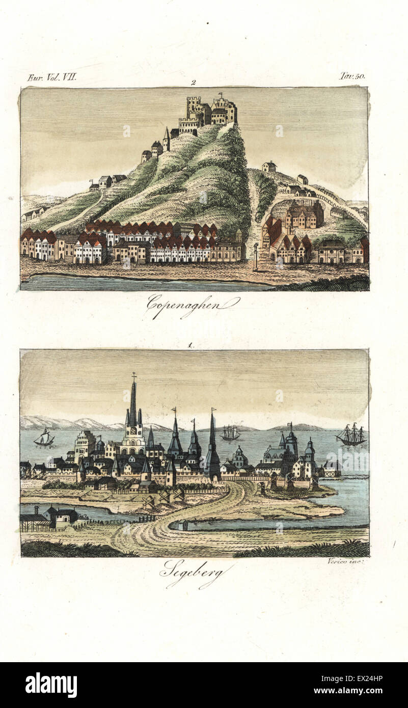 Blick auf die Städte Kopenhagen und Segeberg, Deutschland. Handkoloriert Kupferstich von Verico aus Giulio Ferrario Kostüme Ancient and Modern der Völker der Welt, Florenz, 1847. Stockfoto