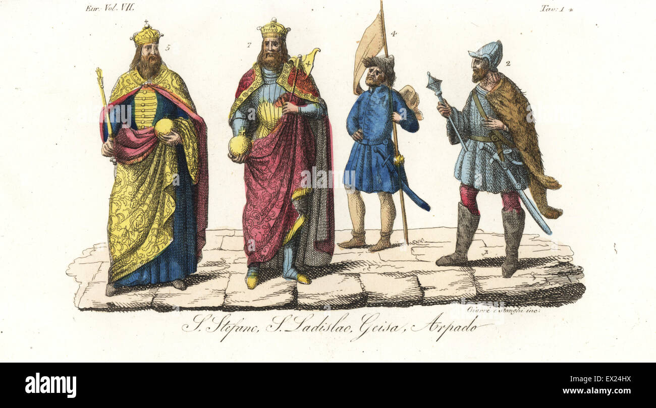 Mittelalterliche Könige von Ungarn: Saint Stephen 5, König Ladislaus I 7, Geza I oder Magnus 4 und Arpad 2. Handkoloriert Kupferstich von Giarre und Stanghi aus Giulio Ferrario Kostüme Ancient and Modern der Völker der Welt, Florenz, 1847. Stockfoto Mittelalterliche Könige von Ungarn: Saint Stephen 5, König Ladislaus I 7, Geza I oder Magnus 4 und Arpad 2. Handkoloriert Kupferstich von Giarre und Stanghi aus Giulio Ferrario Kostüme Ancient and Modern der Völker der Welt, Florenz, 1847. Stockfoto