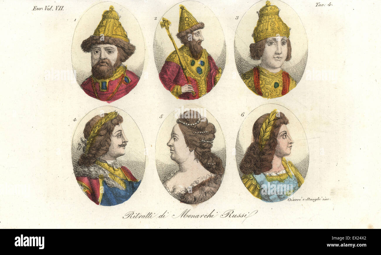 Porträts der russischen Zaren, Haus von Romanov: Michael l 1, Alexis I 2, Fjodor II 3, Peter i. der große 4, Katharina II. die großen 5 und Peter II. 6. Handkoloriert Kupferstich von Giarre und Stanghi aus Giulio Ferrario Kostüme Ancient and Modern der Völker der Welt, Florenz, 1847. Stockfoto