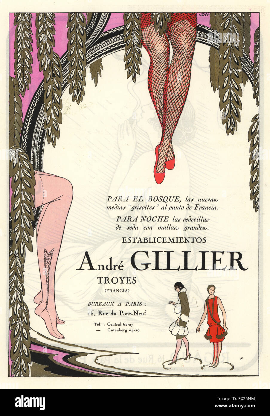 Werbung für Seidenstrümpfe Hersteller Andre Gillier, Paris. Lithographie mit Pochoir (Schablone) Färbung vom Luxus Mode Magazin Art Gicht Beaute, ABG, Paris, April 1926. Stockfoto