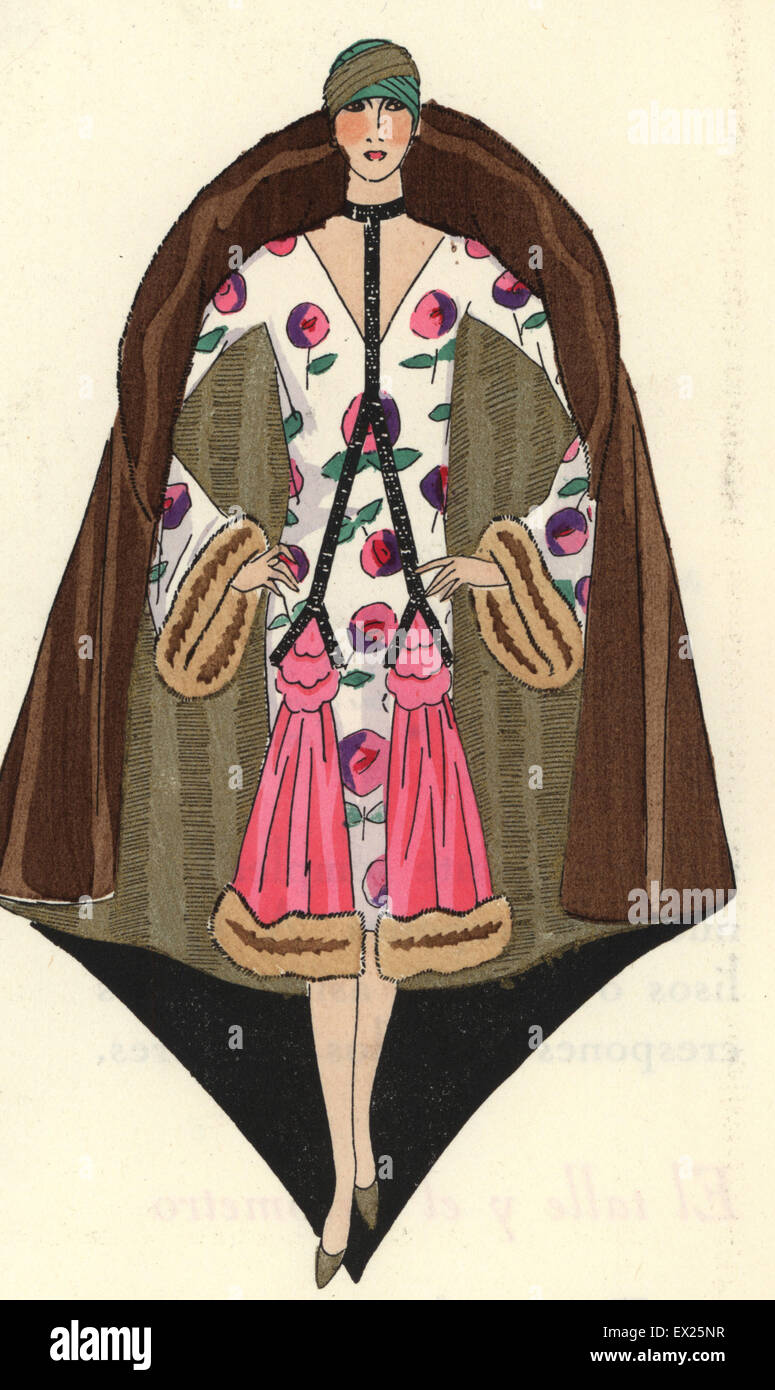 Frau mit Turban, Pelz Umhang und Abendkleid mit Blumen. Lithographie mit Pochoir (Schablone) Färbung vom Luxus Mode Magazin Art Gicht Beaute, ABG, Paris, April 1926. Stockfoto