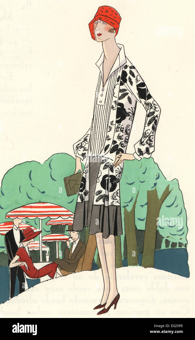 Frau im roten Hut und am Nachmittag Kleid aus Crêpe De Chine gedruckt in schwarz und weiß. Lithographie mit Pochoir (Schablone) Färbung vom Luxus Mode Magazin Art Gicht Beaute, ABG, Paris, April 1926. Stockfoto