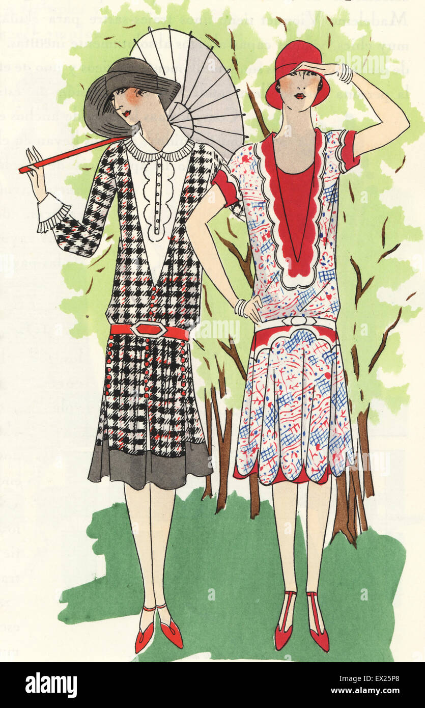 Frauen in am Nachmittag Kleider von bedruckten Crêpe De Chine, 1920er Jahre. Lithographie mit Pochoir (Schablone) Färbung vom Luxus Mode Magazin Art Gicht Beaute, ABG, Paris, April 1926. Stockfoto