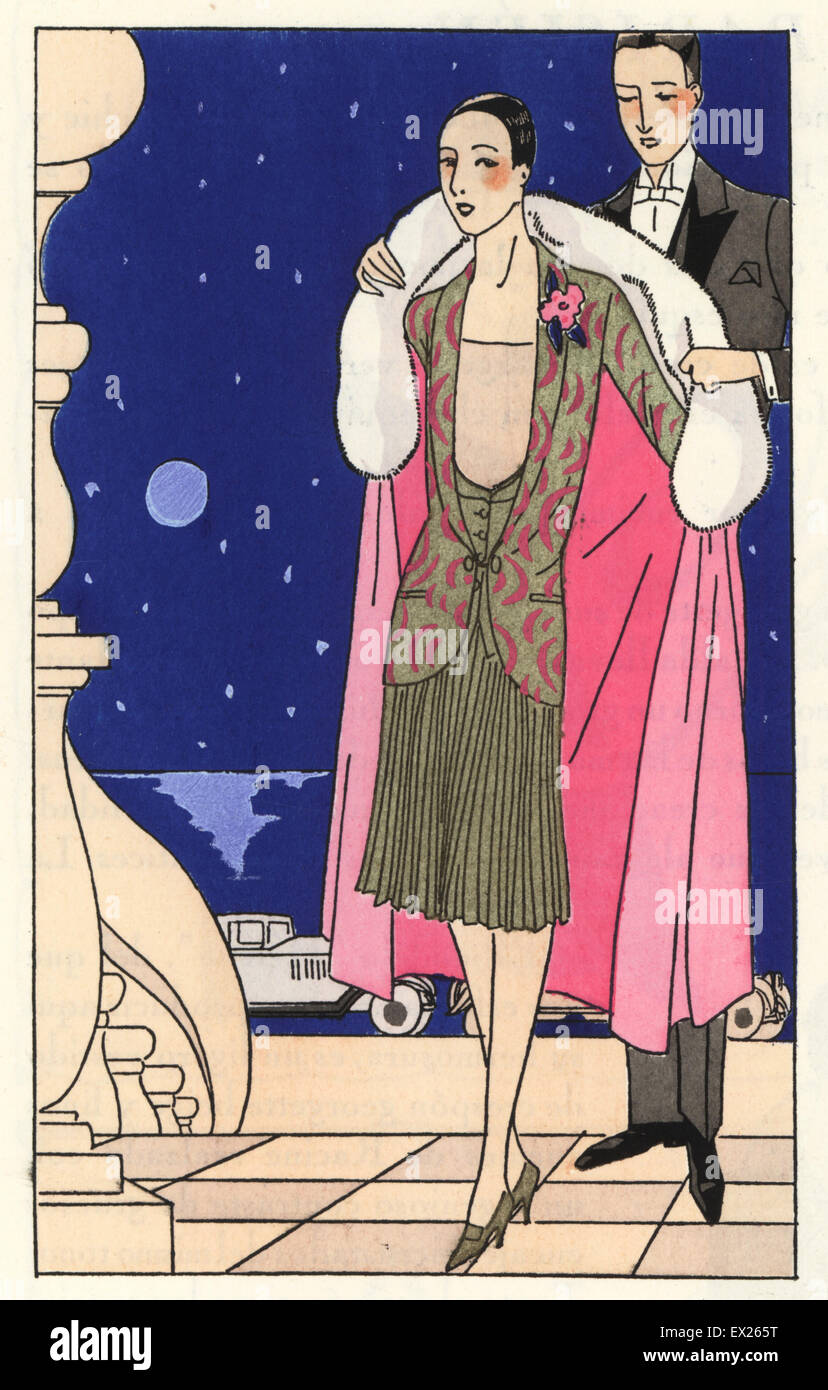 Frau Rauchen Outfit von Olivenbäumen Wolle Anzug und rosa Umhang mit Pelzbesatz. Lithographie mit Pochoir (Schablone) Färbung vom Luxus Mode Magazin Art Gicht Beaute, ABG, Paris, April 1926. Stockfoto